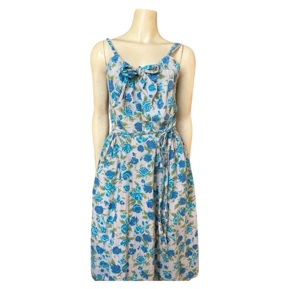 Vintage 1950s Blue Floral Party Day Summer Pinup Flowers Wrap Dress Small Medium - Picture 6 of 7